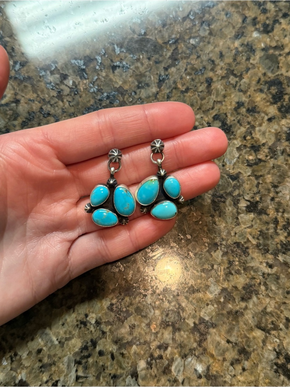 Stamped Turquoise & Sterling Silver 3 stone earrings.